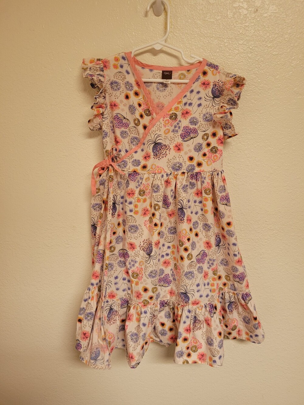 Tea Collection Girls Dandelion Floral Wrap Dress with Pink Trim